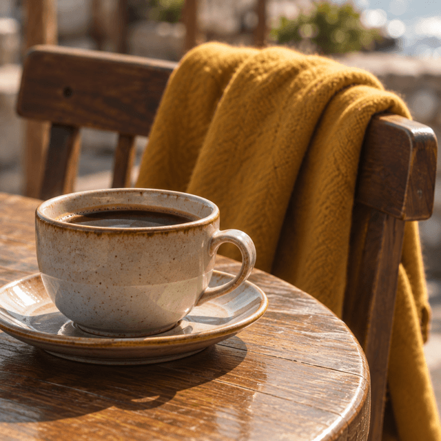 A coffee cup beside a yellow coat in a seaside café