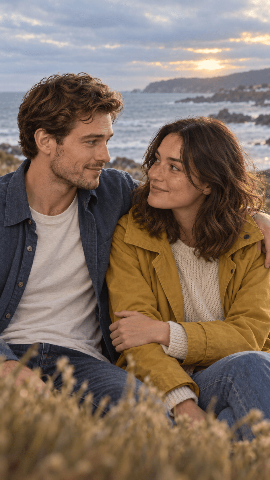 A fictional couple sharing a quiet moment by the sea, looking warmly at each other