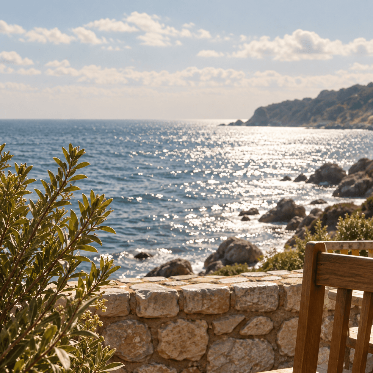 Soft daylight across the sea outside the café